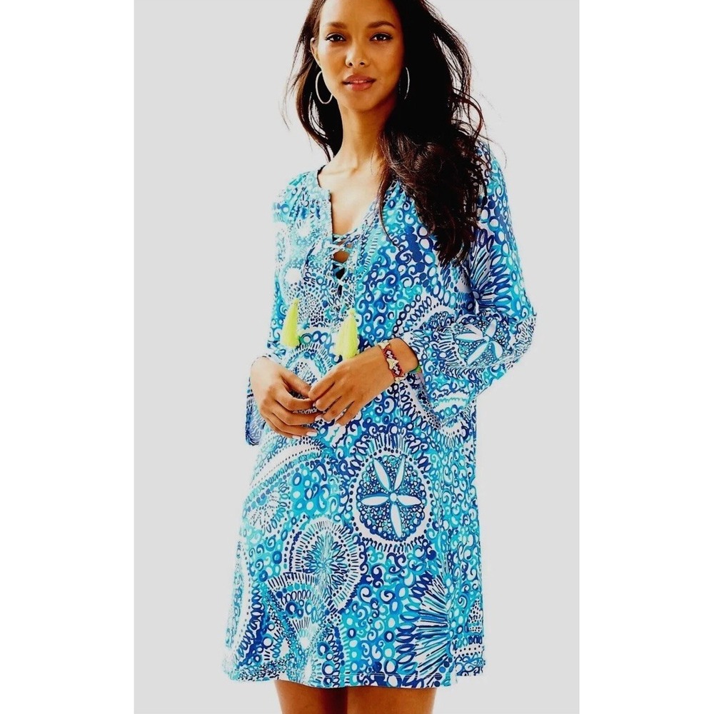 Lilly Pulitzer Sea Isle Trapeze Swing Dress Midnight Blue Size L 3/4 Bell Sleeve
